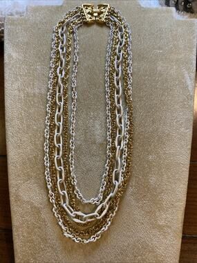 Vintage Crown Trifari Gold & White Tone Multi Strand Graduated Layered Necklace